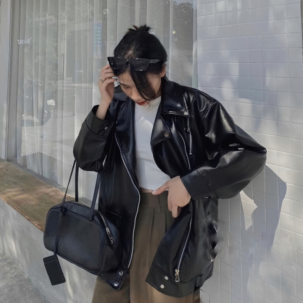 Áo khoác da khóa chéo dáng unisex from rộng kèm đai dưới , áo da jackit cá tính