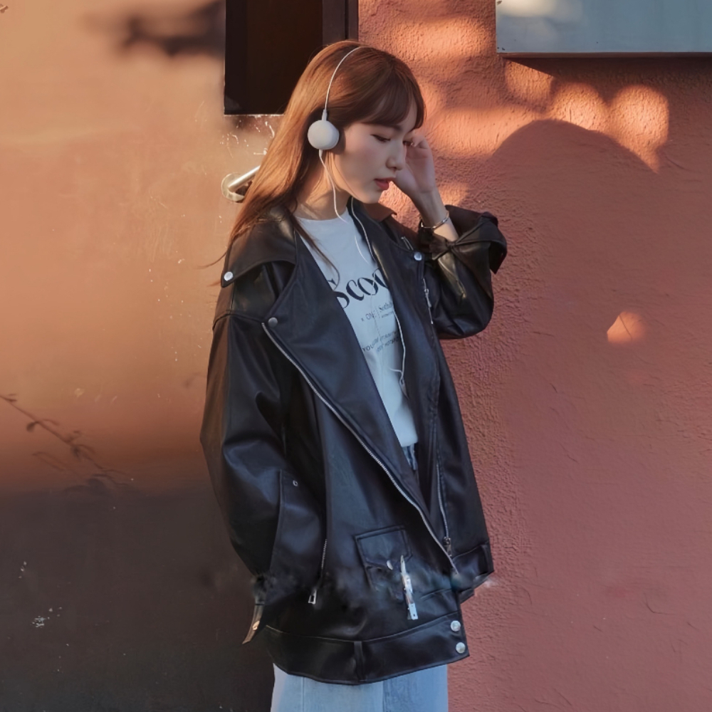 Áo khoác da khóa chéo dáng unisex from rộng kèm đai dưới , áo da jackit cá tính