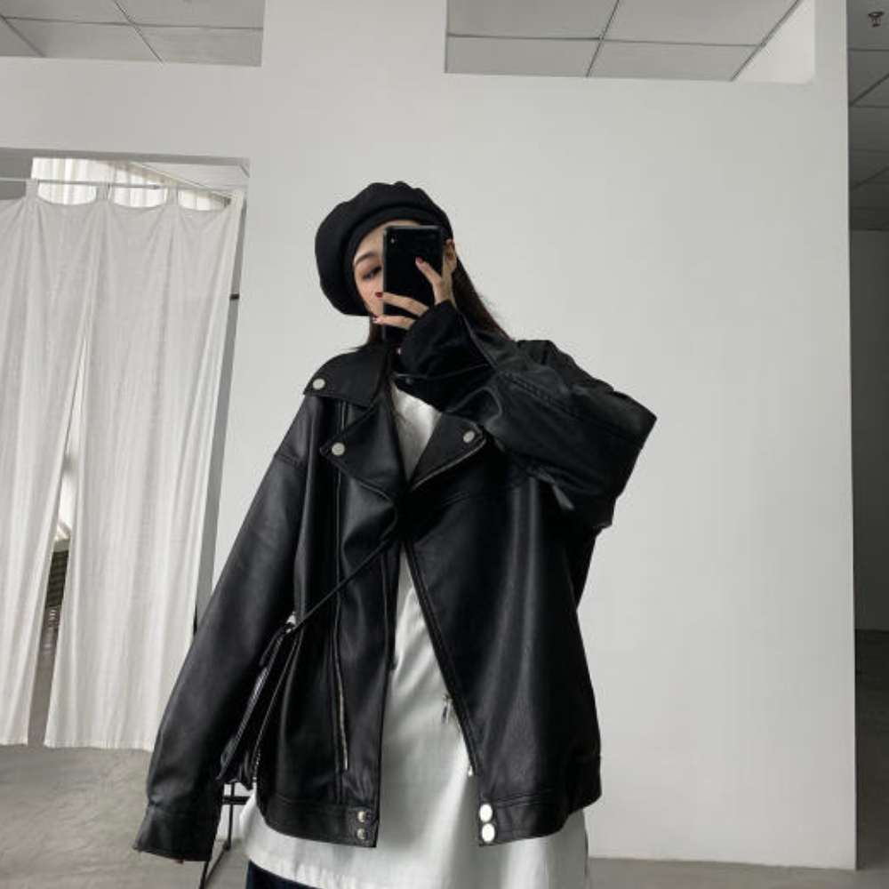 Áo khoác da khóa chéo dáng unisex from rộng kèm đai dưới , áo da jackit cá tính