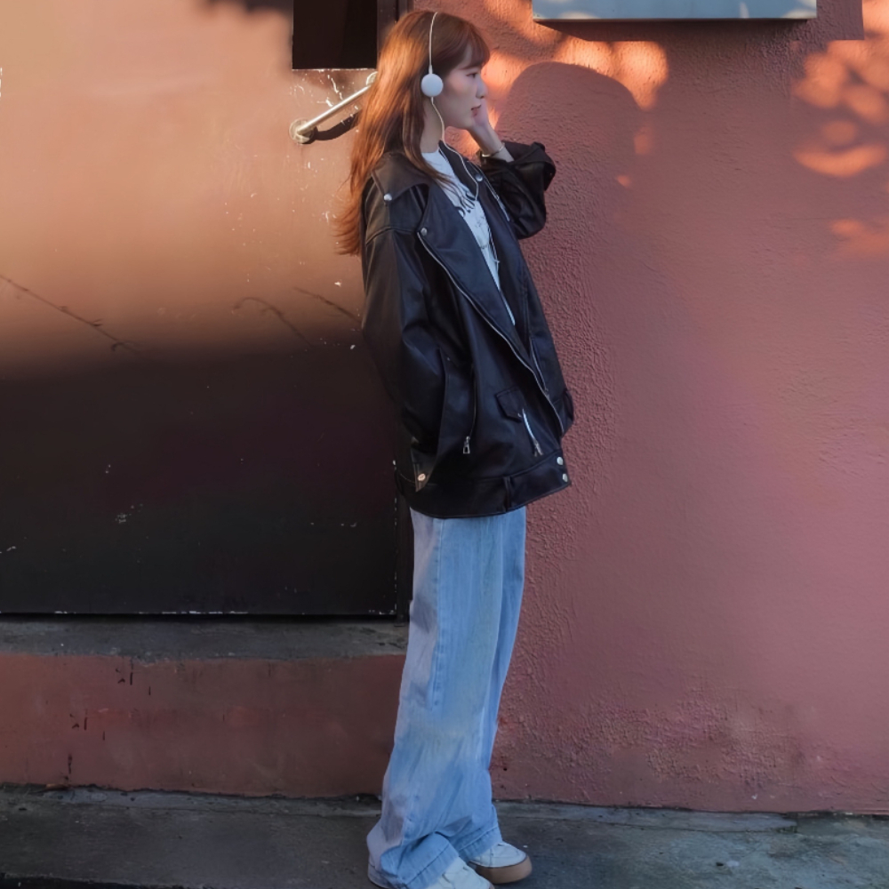 Áo khoác da khóa chéo dáng unisex from rộng kèm đai dưới , áo da jackit cá tính