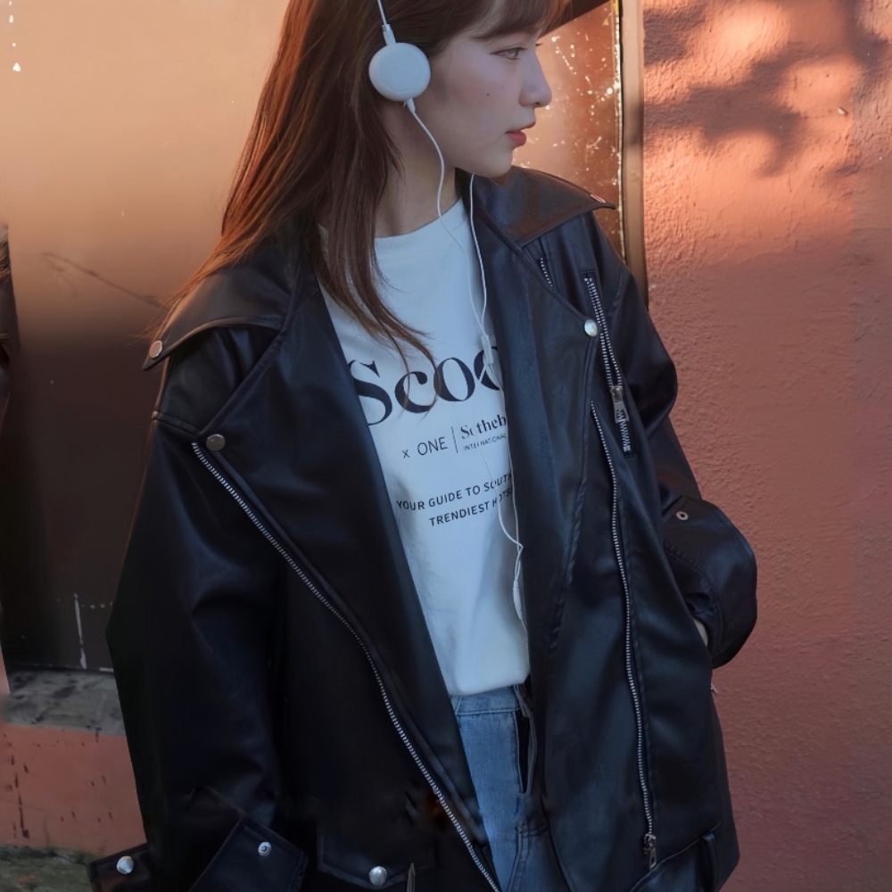 Áo khoác da khóa chéo dáng unisex from rộng kèm đai dưới , áo da jackit cá tính