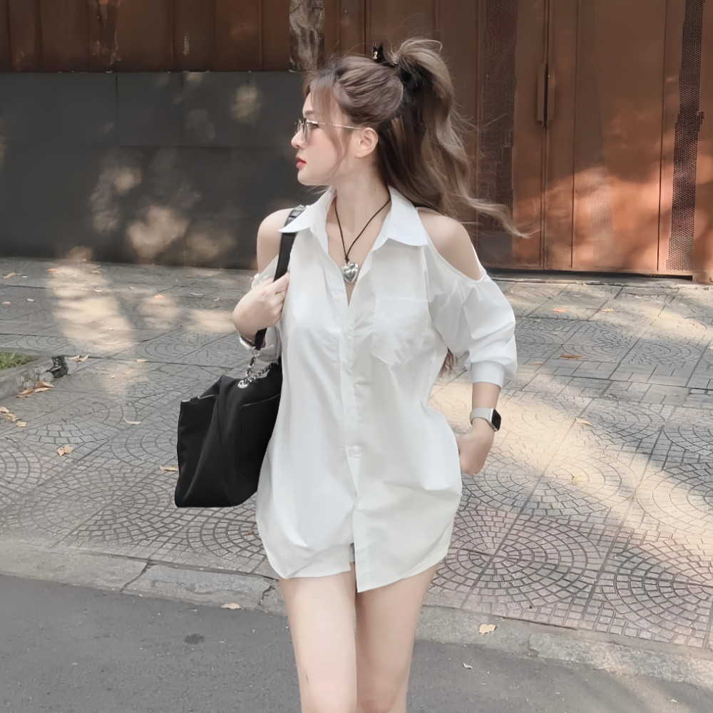 Áo sơ mi khoét vai tay dài form rộng, thời trang Hàn Quốc quyến rũ cho nữ
