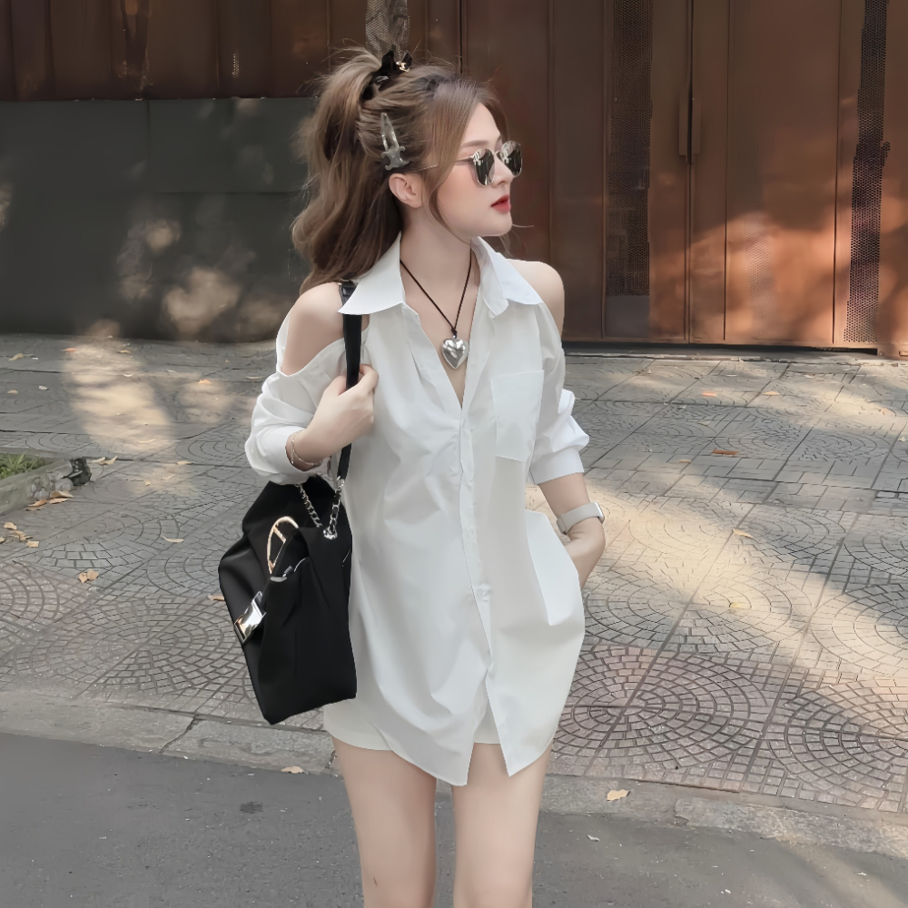 Áo sơ mi khoét vai tay dài form rộng, thời trang Hàn Quốc quyến rũ cho nữ
