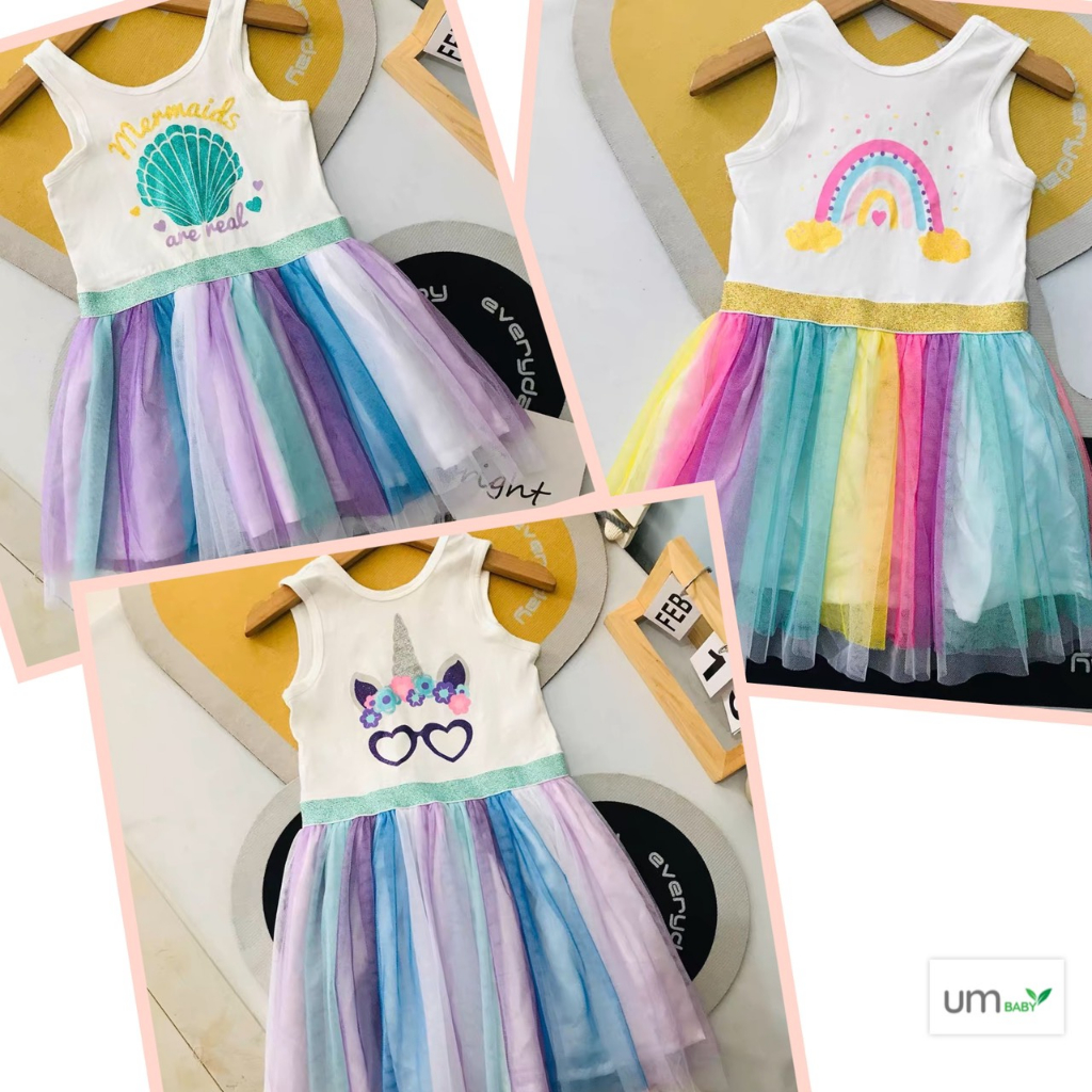 Đầm voan bé gái sắc màu tutu 2-8 tuổi YAMP sát nách in cầu vồng pony mermaid đầm xuất dư bé gái váy đầm trẻ em mùa hè