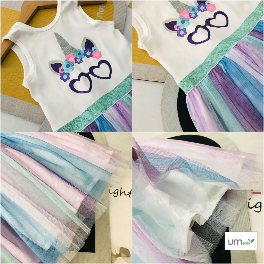Đầm voan bé gái sắc màu tutu 2-8 tuổi YAMP sát nách in cầu vồng pony mermaid đầm xuất dư bé gái váy đầm trẻ em mùa hè