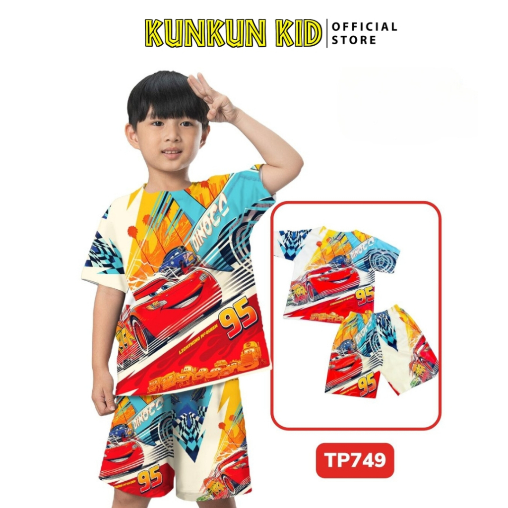 Quần áo bé trai Kunkun Kid TP749 thun lạnh in 3D hình xe đua light intensity - Đồ bộ trẻ em size đại từ 10-40kg