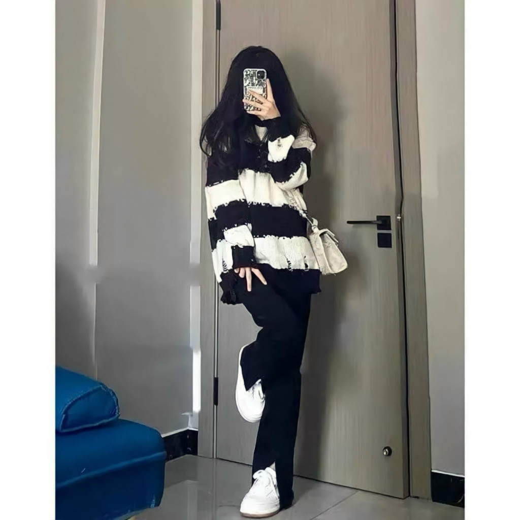 Áo Sweater Len Nữ Dáng Thụng Kẻ Ngang Dài Tay 🦋 Áo Len Nữ Dáng Thụng Phối Màu 🦋