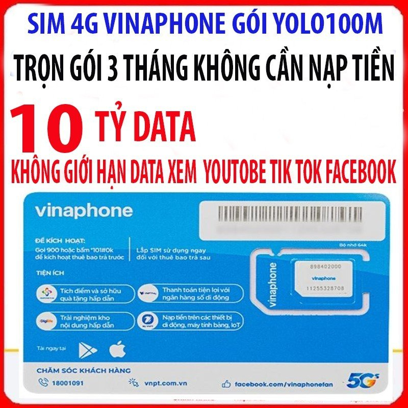 Sim 4G tron gói 3 tháng miễn phí 10 tỷ data youtobe facebook tik tok