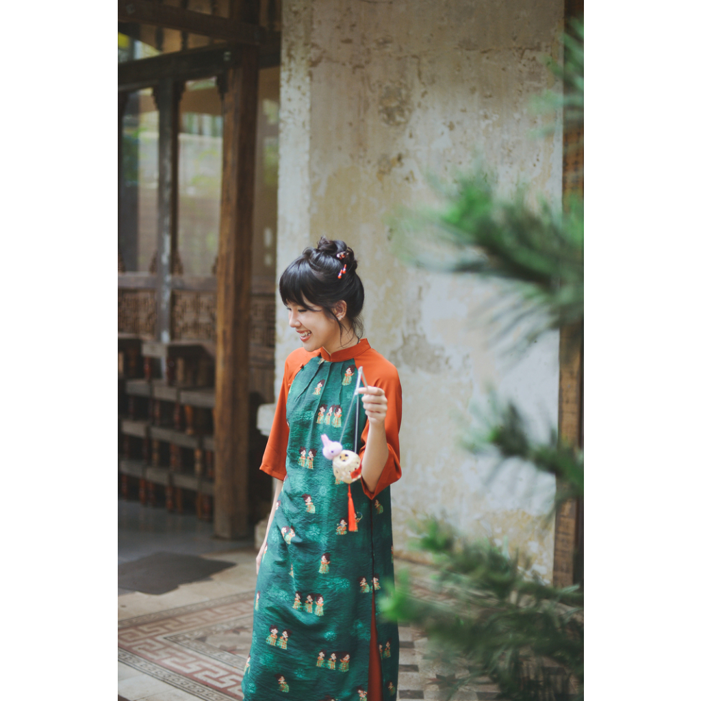 Set áo dài hoạ tiết tiểu thư SET1025 màu xanh