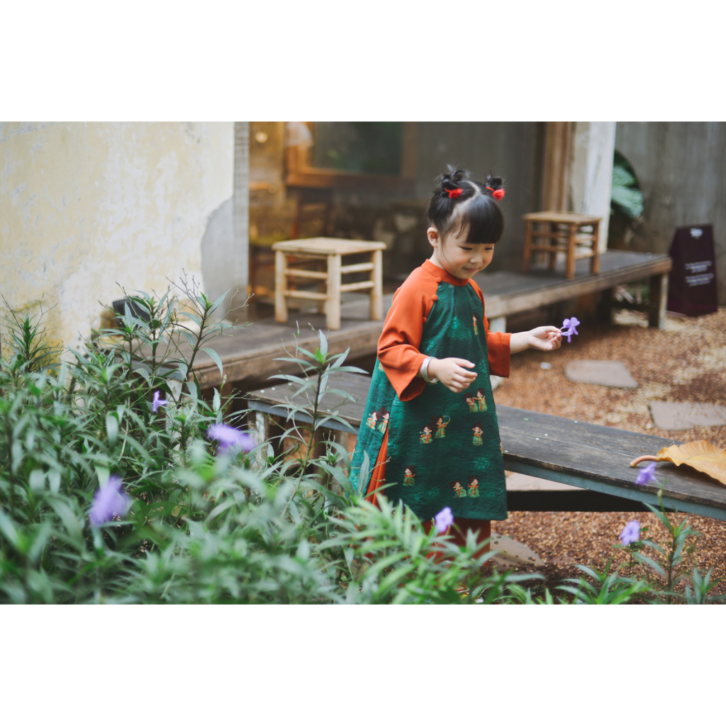 Set áo dài hoạ tiết tiểu thư SET1025 màu xanh