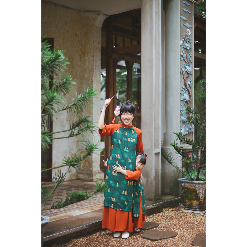 Set áo dài hoạ tiết tiểu thư SET1025 màu xanh