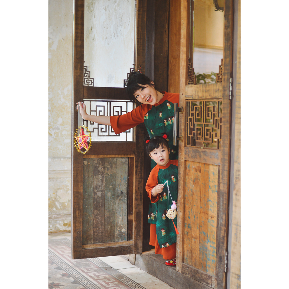 Set áo dài hoạ tiết tiểu thư SET1025 màu xanh