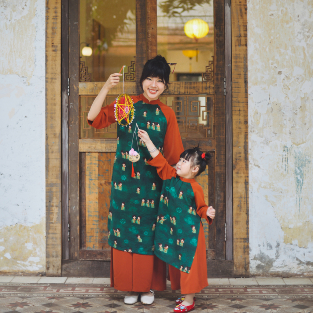 Set áo dài hoạ tiết tiểu thư SET1025 màu xanh