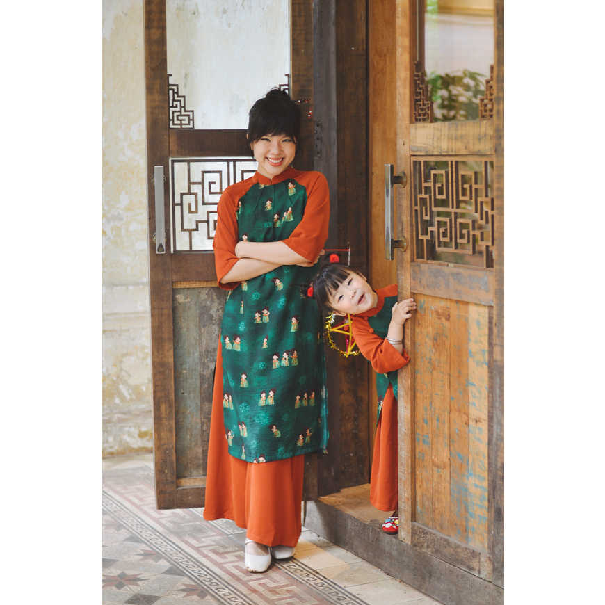 Set áo dài hoạ tiết tiểu thư SET1025 màu xanh