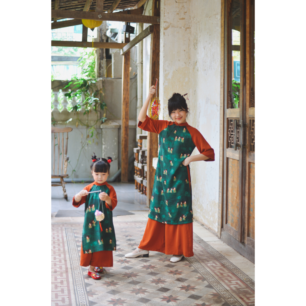 Set áo dài hoạ tiết tiểu thư SET1025 màu xanh