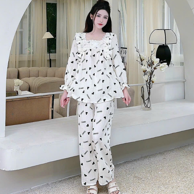 Bộ Đũi Hình Dài Cổ Vuông Ren Mặc Cả Thai Kỳ Và Sau Sinh