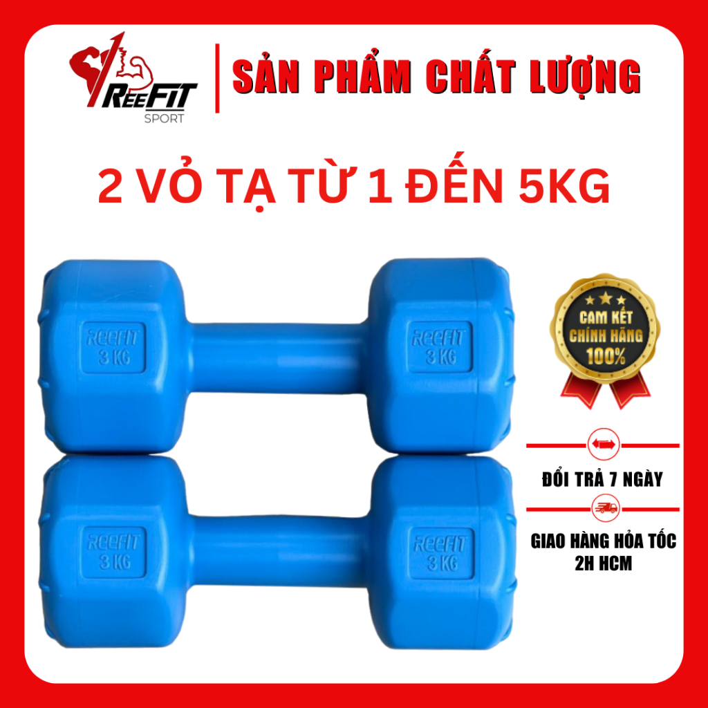 Bộ 2 vỏ tạ nhựa tay bát giác Reefit màu xanh không ruột (từ 1kg đến 5kg) chưa nhồi không ruột