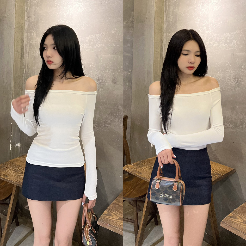 Áo croptop nữ tay dài HHVINTAGE kiểu bẹt vai xỏ ngón thun co giãn Top A108