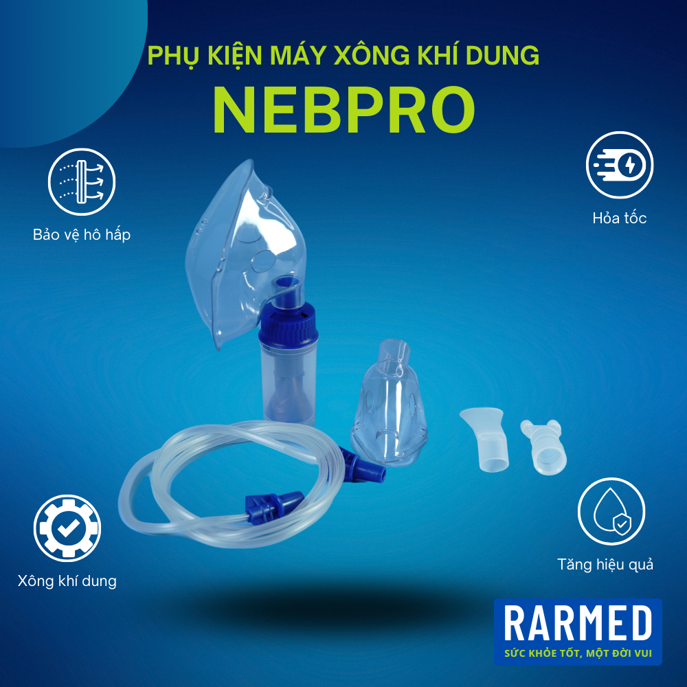 Bộ phụ kiện máy xông khí dung NEBPRO gồm Bầu xông + dây dẫn khí + 2 mặt nạ + dây đeo + ống ngậm + ống xông