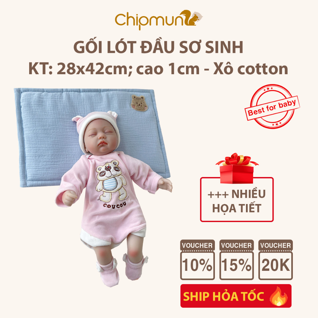 Gối lót đầu xô muslin cao cấp CHIPMUNK cho bé sơ sinh, thấm mồ hôi trộm, không gây kích ứng da - KT 28x43cm cao 1cm