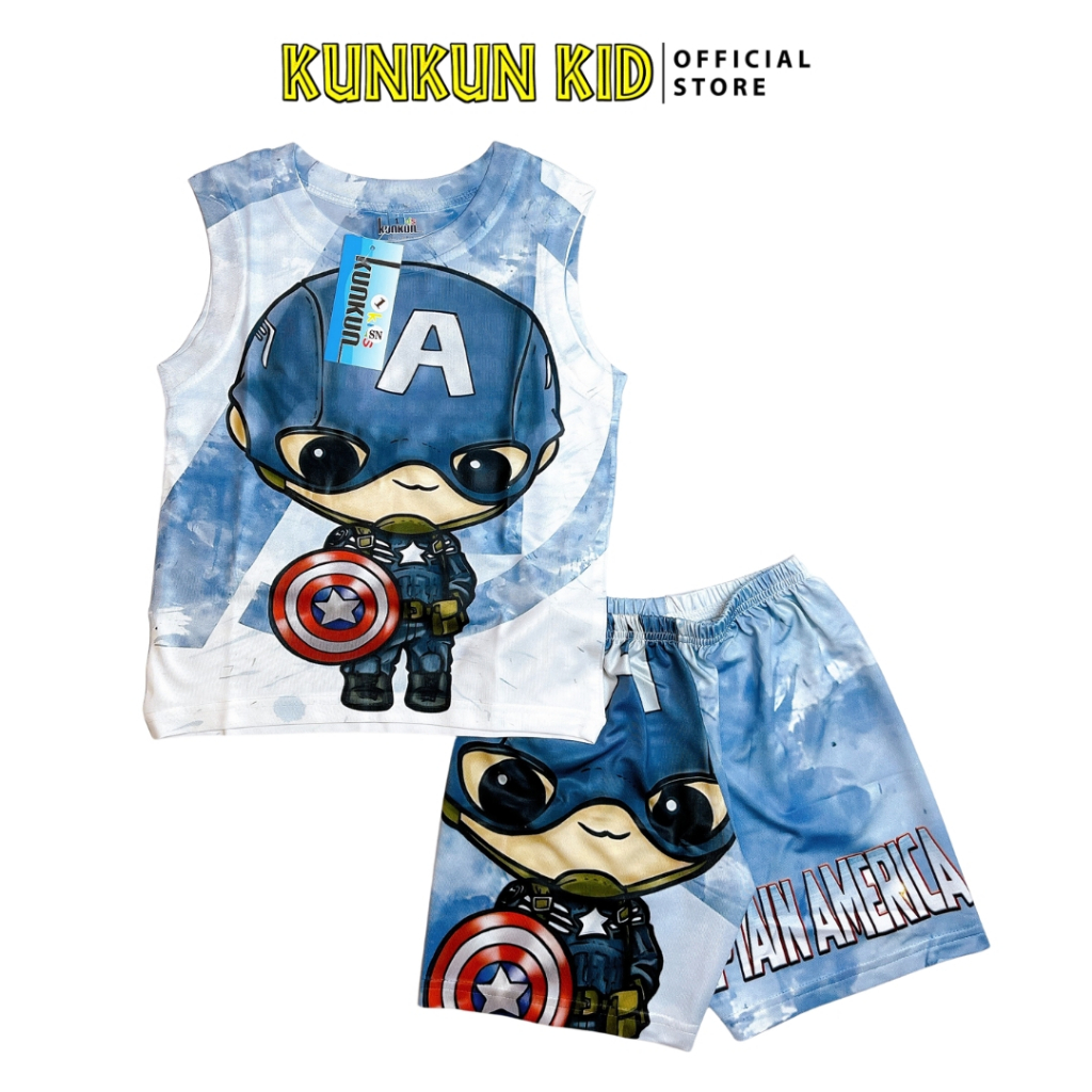 Quần áo bé trai Thun lạnh in 3D hình Captian America Kunkun Kid BL1086-Đồ bộ trẻ em cao cấp size đại từ 10-60kg