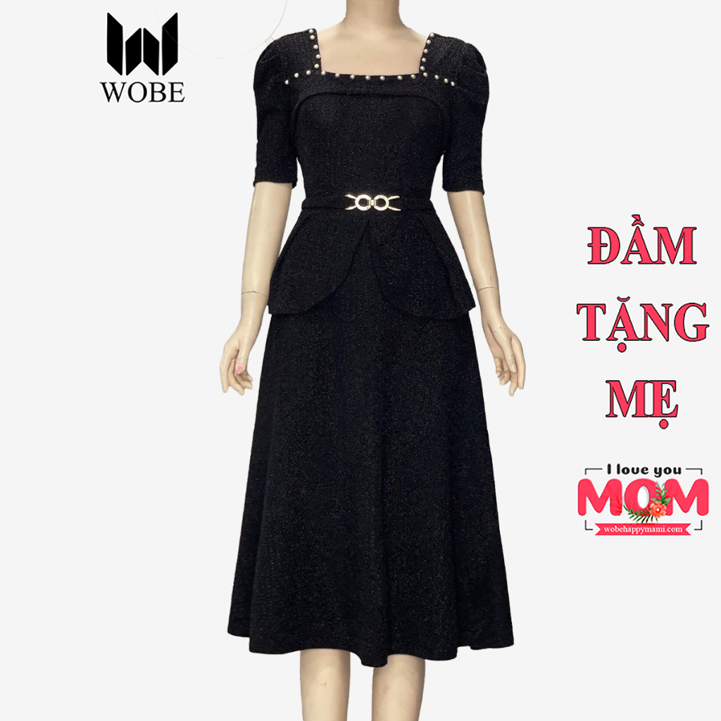 Đầm trung niên cho mẹ sang trọng thiết kế cao cấp dự tiệc chất nhũ kim sa co giãn tốt 80kg DN22 ĐEN - WB WOMAN & BEAUTY