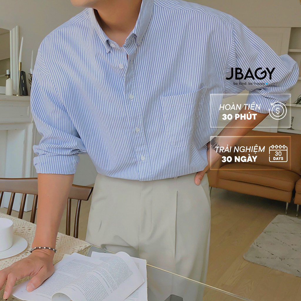 Áo sơ mi nam Kẻ Sọc Stripes Hàn Quốc thương hiệu JBAGY, Áo sơ mi nam form rộng dài tay chất liệu thoáng mát - JS07
