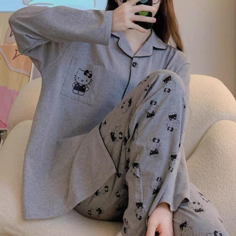 Bộ ngủ nữ pijama bộ mặc nhà tay dài in hình hello.kitty xinh xắn dễ thương BADAYO