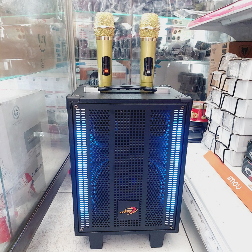 Loa Karaoke Di Động AT-T9, Bass 20, Âm Thanh Chắc, Tiếng Lớn Không Bị Rè, Mic Hát Vang - Tặng Kèm 2 Mic Không Dây