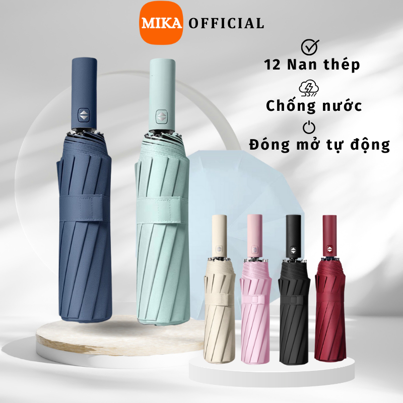 Ô Che Mưa Mika 2 Lớp Tự Động Gấp Gọn 12 Nan Thép Không Gỉ Đi Nắng Chống UV Hiệu Quả