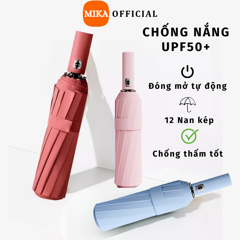 Dù Che Mưa Mika Đi Nắng Gấp Nút Bấm Tự Động Gọn Nan Kép Chắc Chắn Chống Thấm Siêu Bền