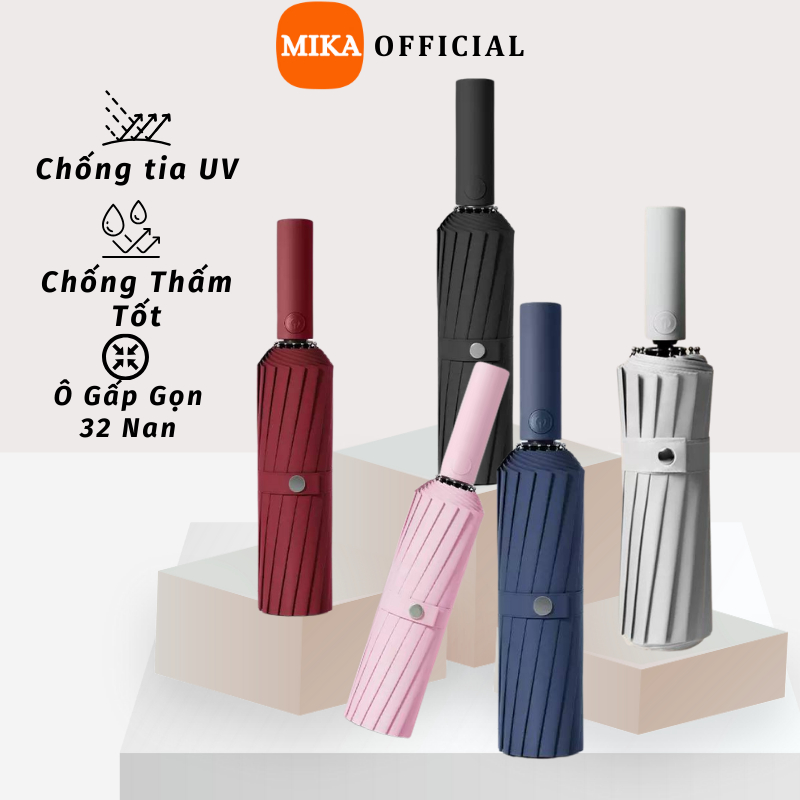 Ô Dù Che Mưa Mika Tự Động Gấp Gọn 32 Nan Cứng Cáp Vải Dù Chống Thấm Ngăn UV Bảo Vệ Da
