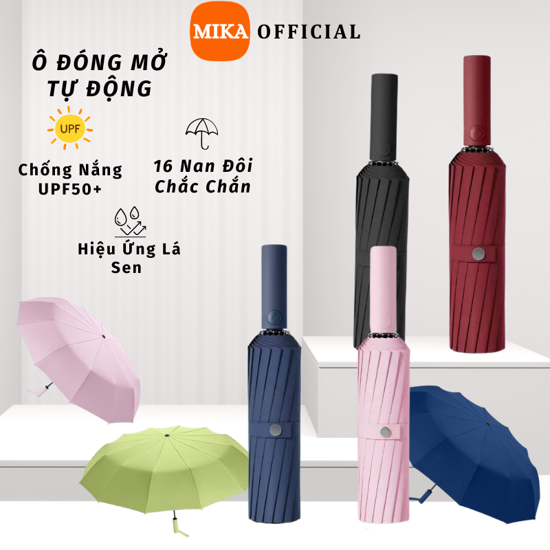 Ô Che Mưa Nắng Mika 32 Nan Thép Tự Động Đóng Mở Gấp Gọn Tiện Dụng Chống UV Bảo Vệ Da