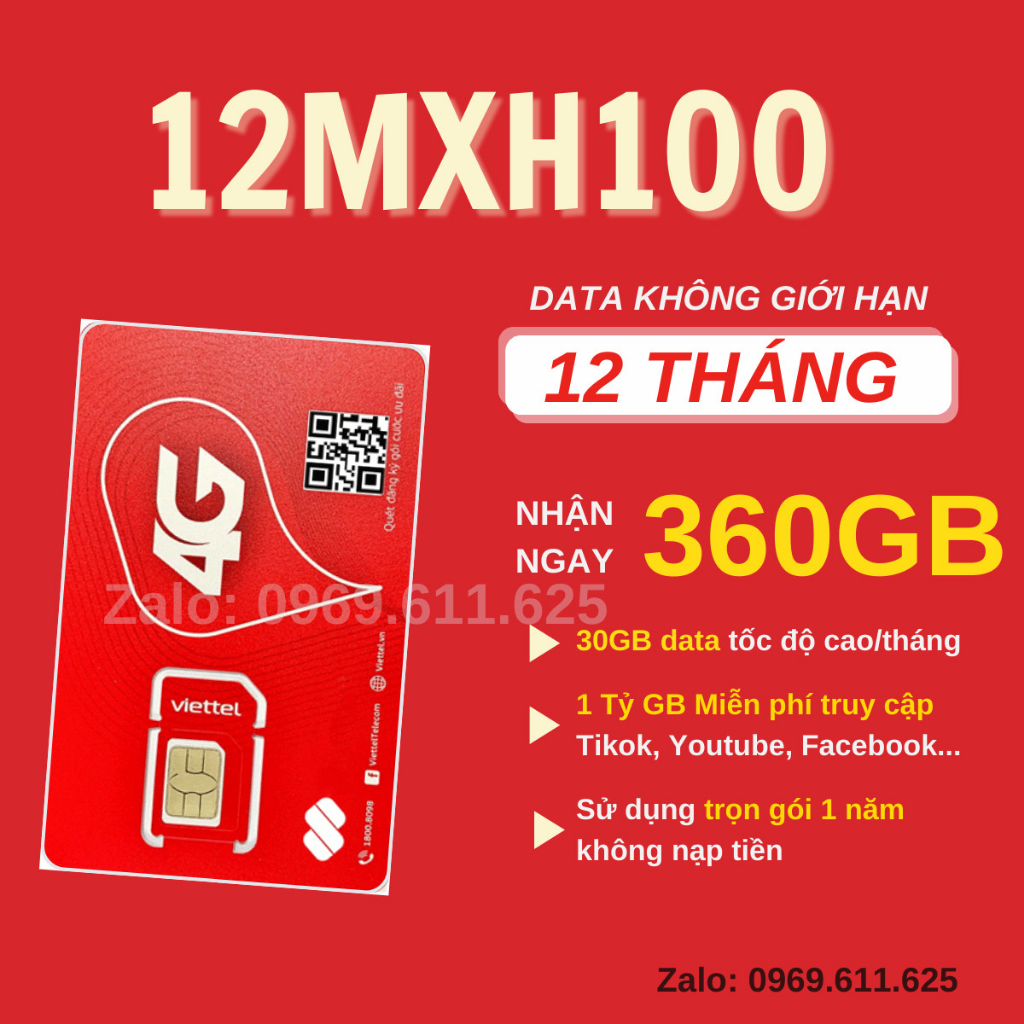 Sim 4G Viettel Gói 12umax70 12MXH100 12V90B Tặng Data Vô Mạng Không Giới Hạn, Sim Max Băng Thông
