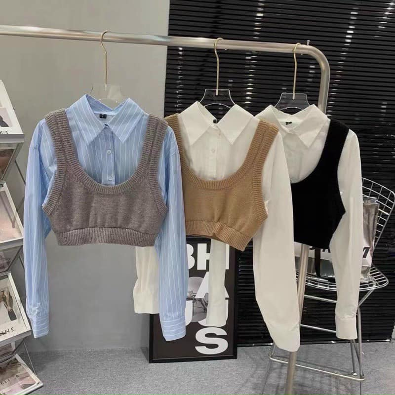 Áo sơ mi phối ghile FMSTYLE chất cotton và len cao cấp thời trang thu đông phong cách Hàn Quốc 23090577
