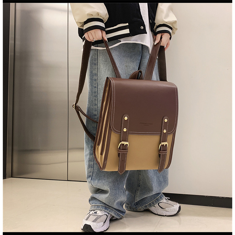 Ba Lô da PU cao cấp LUHAZO thời trang công sở đi học làm chống gù form to dáng hộp phối màu vintage hàng Quảng Châu 5037