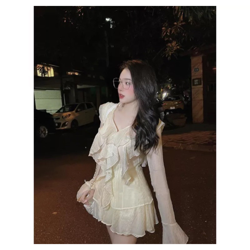 SET ÁO CỔ V NHÚN BÈO TAY LOE TƠ KÍNH CAO CẤP PHỐI CHÂN VÁY