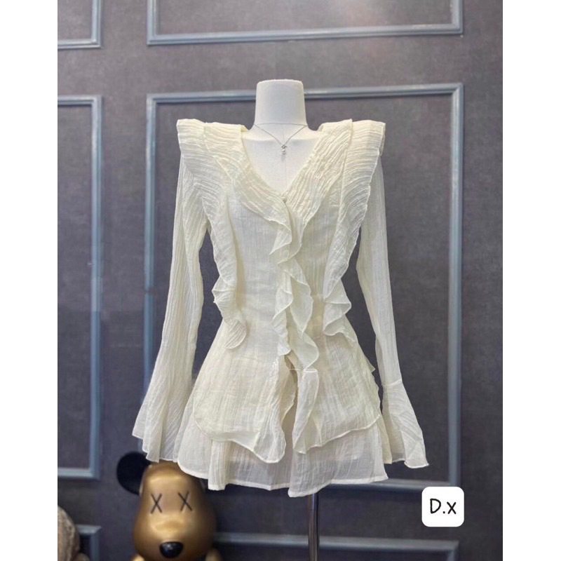 SET ÁO CỔ V NHÚN BÈO TAY LOE TƠ KÍNH CAO CẤP PHỐI CHÂN VÁY