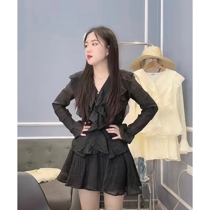 SET ÁO CỔ V NHÚN BÈO TAY LOE TƠ KÍNH CAO CẤP PHỐI CHÂN VÁY