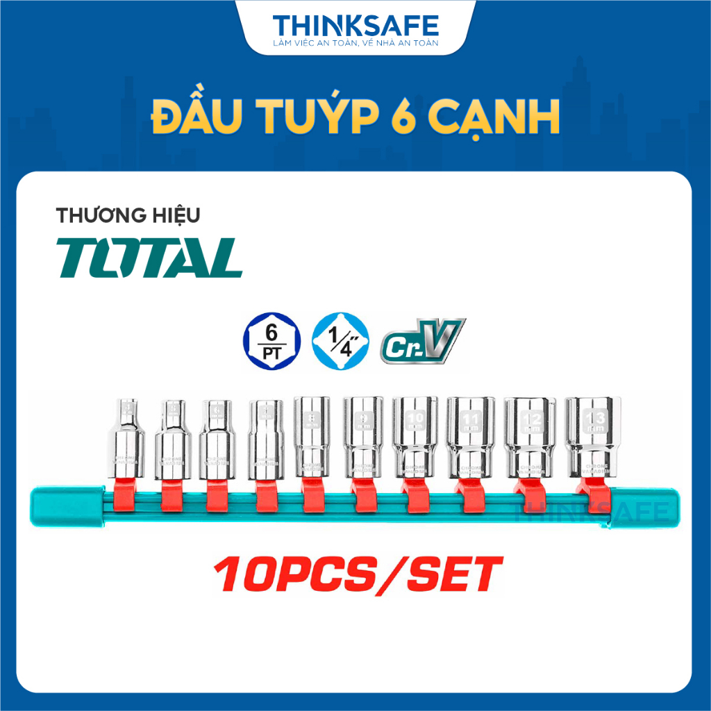Bộ 10 đầu tuýp 1/4 inch TOTAL THT1411023 đa kích thước đầu tuýp chất liệu 50BV30 thép CrV được xử lý nhiệt - Thinksafe