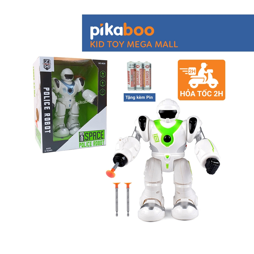 Robot đồ chơi cảnh sát cao cấp Pikaboo có đèn phát sáng và âm thanh kèm 3 mũi tên mút cao su