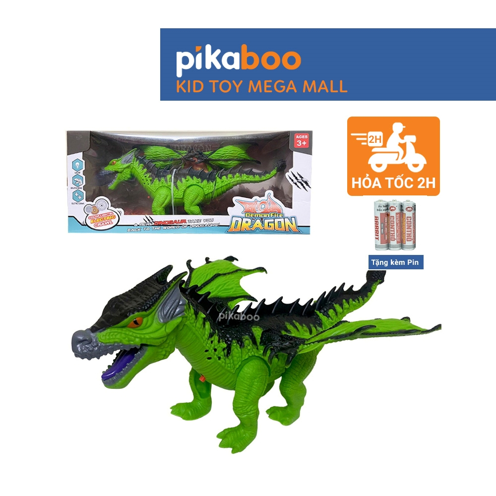 Đồ chơi mô hình rồng phun lửa cao cấp Pikaboo chân và đuôi di chuyển có đèn và âm thanh chất liệu nhựa an toàn