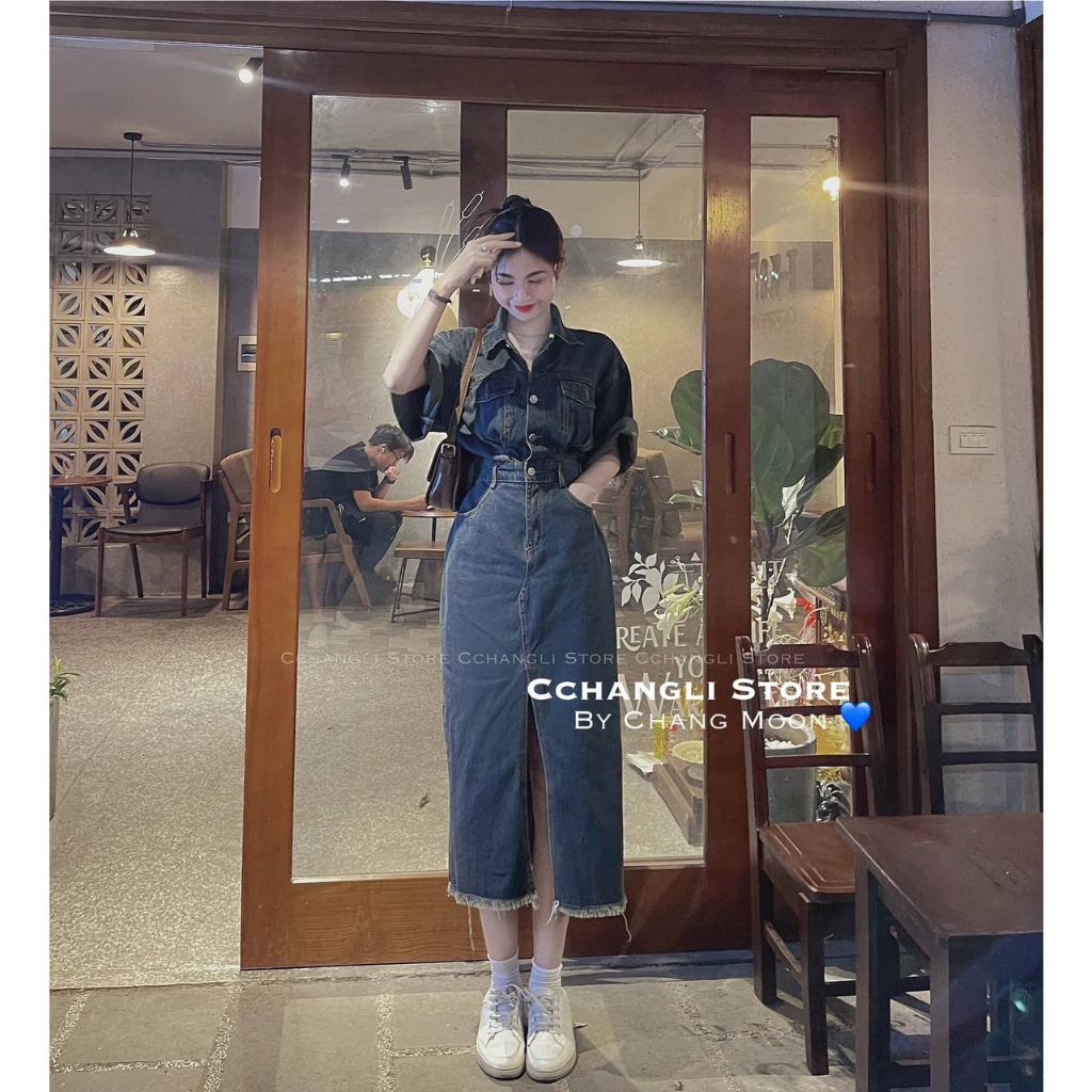 Váy bò dáng dài xẻ tà trước viền tua rua hàng quảng châu siêu đẹp - Đầm jean nữ