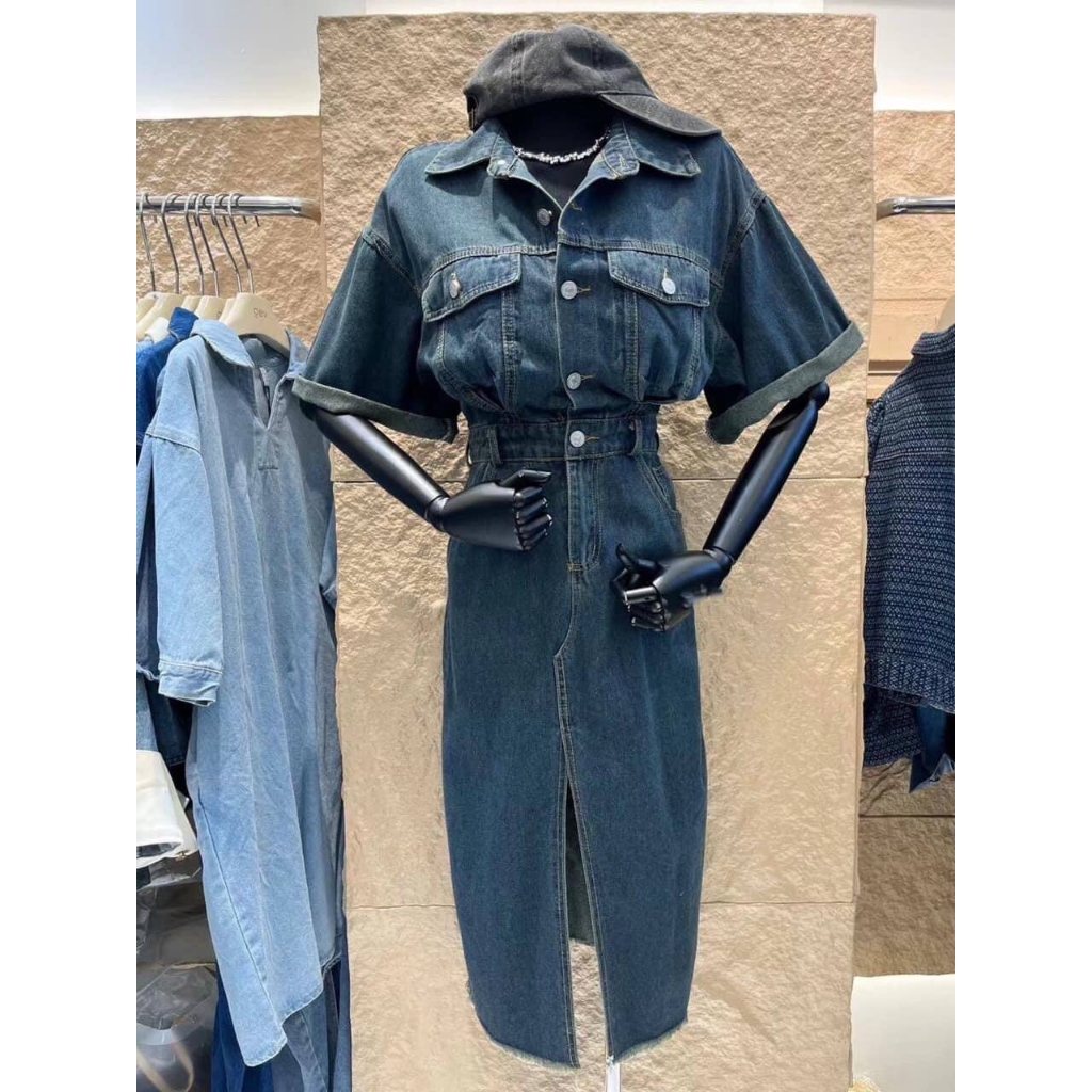 Váy bò dáng dài xẻ tà trước viền tua rua hàng quảng châu siêu đẹp - Đầm jean nữ