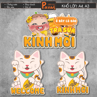 Decal Mèo Thần Tài Kính Mời chống nước trang trí dán quán trà sữa, cà phê, quán ăn, dán tường, tủ. TTQ68