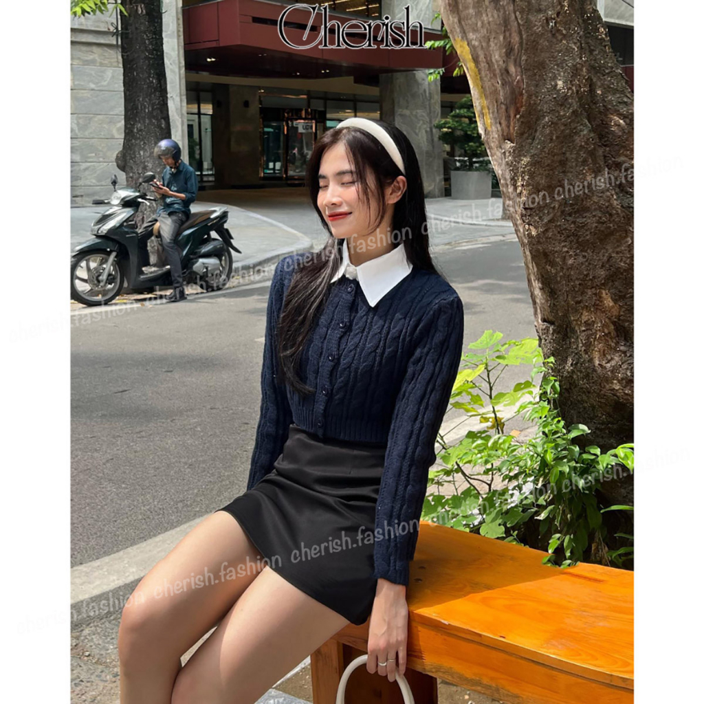 Áo Khoác Len Nữ Croptop CHERISH thêu logo, Cardigan Len Dáng Ngắn Tay Dài Cổ Tròn Kèm Logo CD10