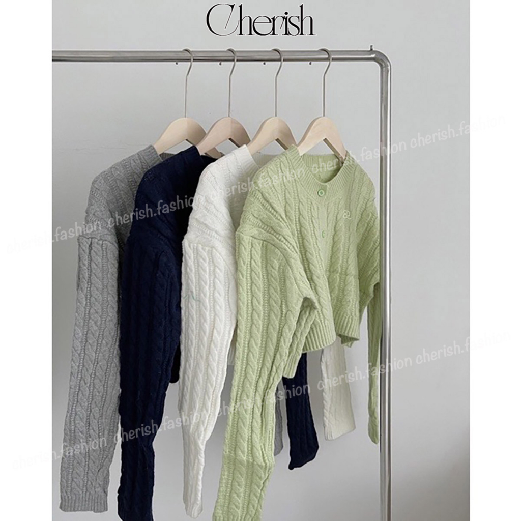 Áo Khoác Len Nữ Croptop CHERISH thêu logo, Cardigan Len Dáng Ngắn Tay Dài Cổ Tròn Kèm Logo CD10