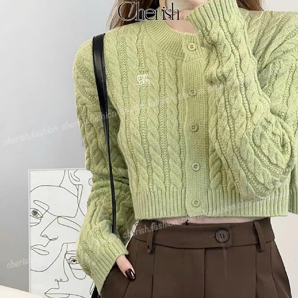 Áo Khoác Len Nữ Croptop CHERISH thêu logo, Cardigan Len Dáng Ngắn Tay Dài Cổ Tròn Kèm Logo CD10