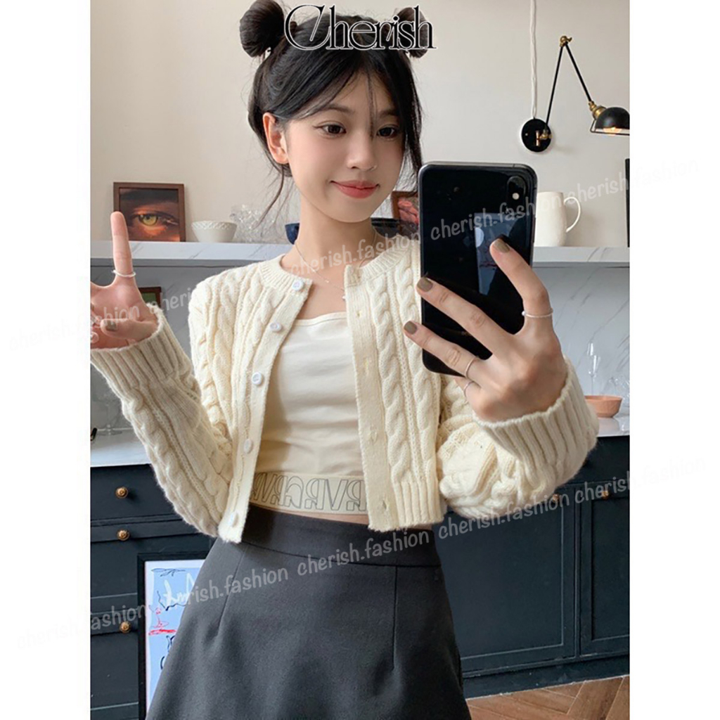 Áo Khoác Len Nữ Croptop CHERISH thêu logo, Cardigan Len Dáng Ngắn Tay Dài Cổ Tròn Kèm Logo CD10