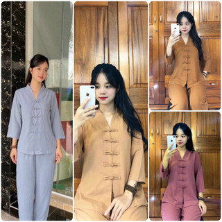 Đồ lam đi chùa nữ chất vải đũi la hán thắt nút Thiên Di - Pháp phục đi chùa nữ cao cấp dành cho phật tử D46